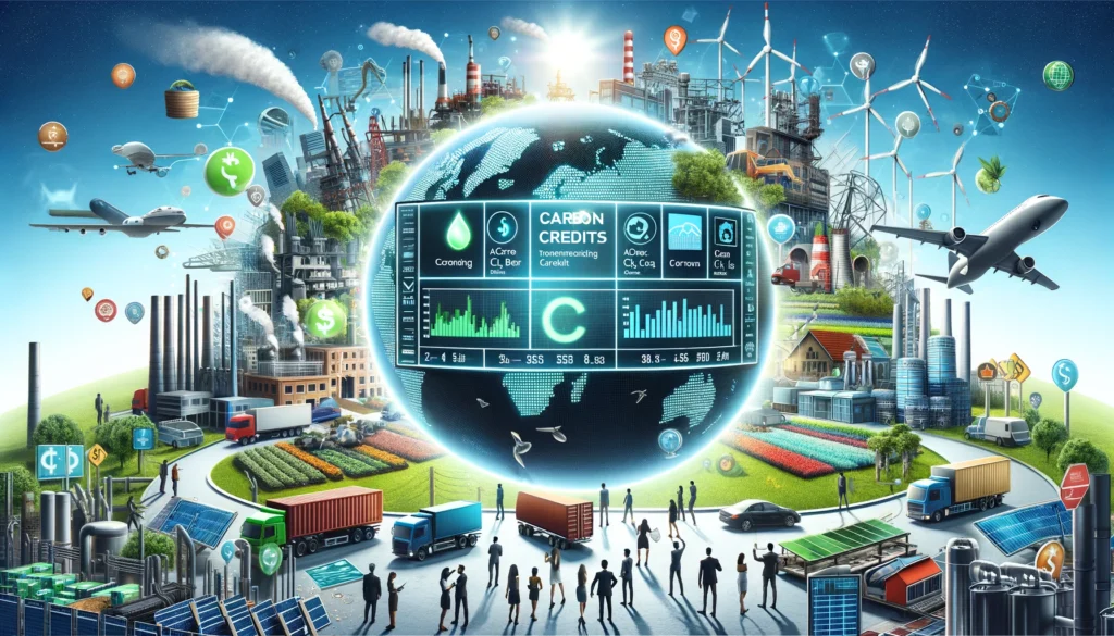 DALL·E 2024 05 30 16.47.49 A dynamic global market scene illustrating the concept of carbon credits. Central to the image is a digital display board showing carbon credit tradin 1024x585 1