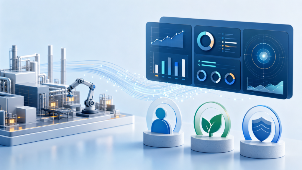 Cruscotto Industria 5.0 con KPI digitali su persone, sostenibilità e resilienza