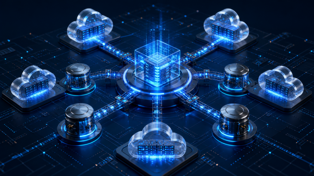 Architettura ERP con flussi dati controllati tra più infrastrutture cloud