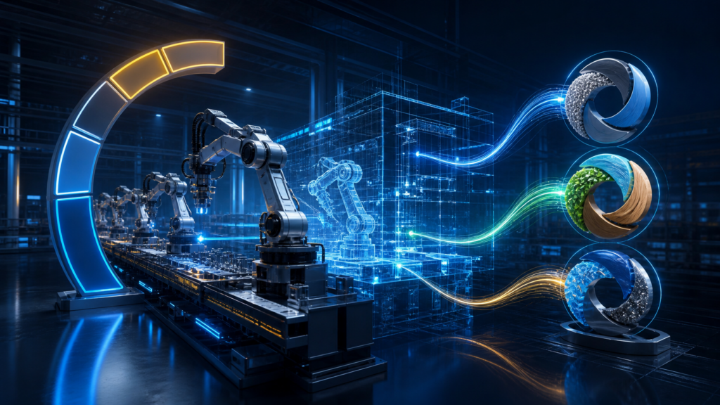 Impianto produttivo digitale con flussi energetici e indicatori di sostenibilità