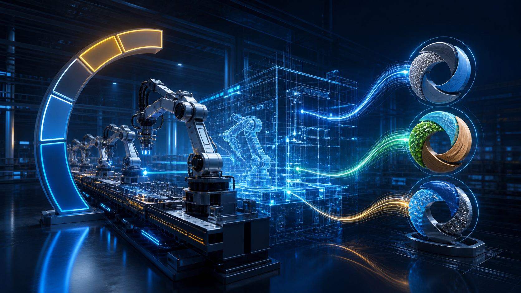 Impianto produttivo digitale con flussi energetici e indicatori di sostenibilità