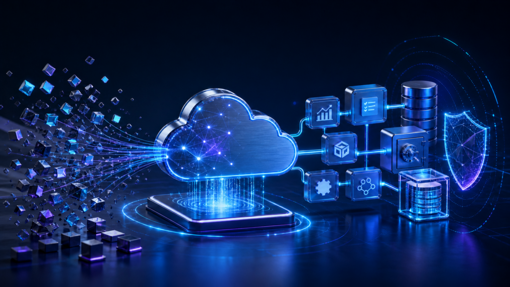 Architettura cloud integrata con workflow ERP, dati, backup e controlli di cybersecurity
