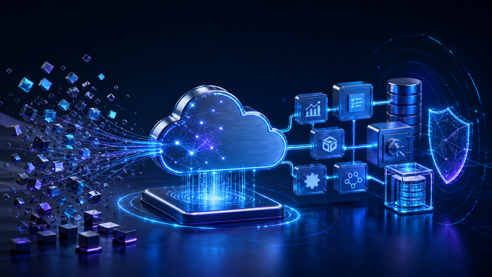 Architettura cloud integrata con workflow ERP, dati, backup e controlli di cybersecurity
